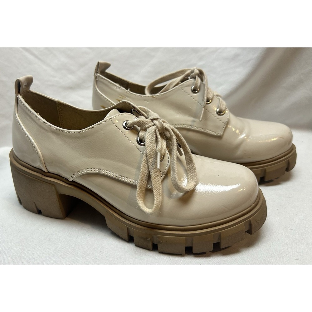 VTG Soda Tan Cream Faux Patent Leather Chunky Heel Creepers Y2K Goth Grunge